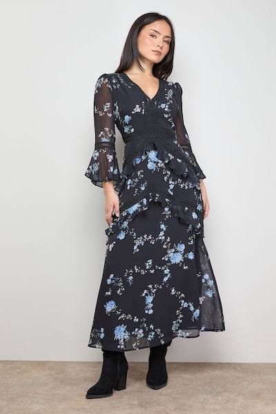 Oasis Petite Printed Lace Trim Detail Flare Sleeve Chiffon Midi Dress Floral