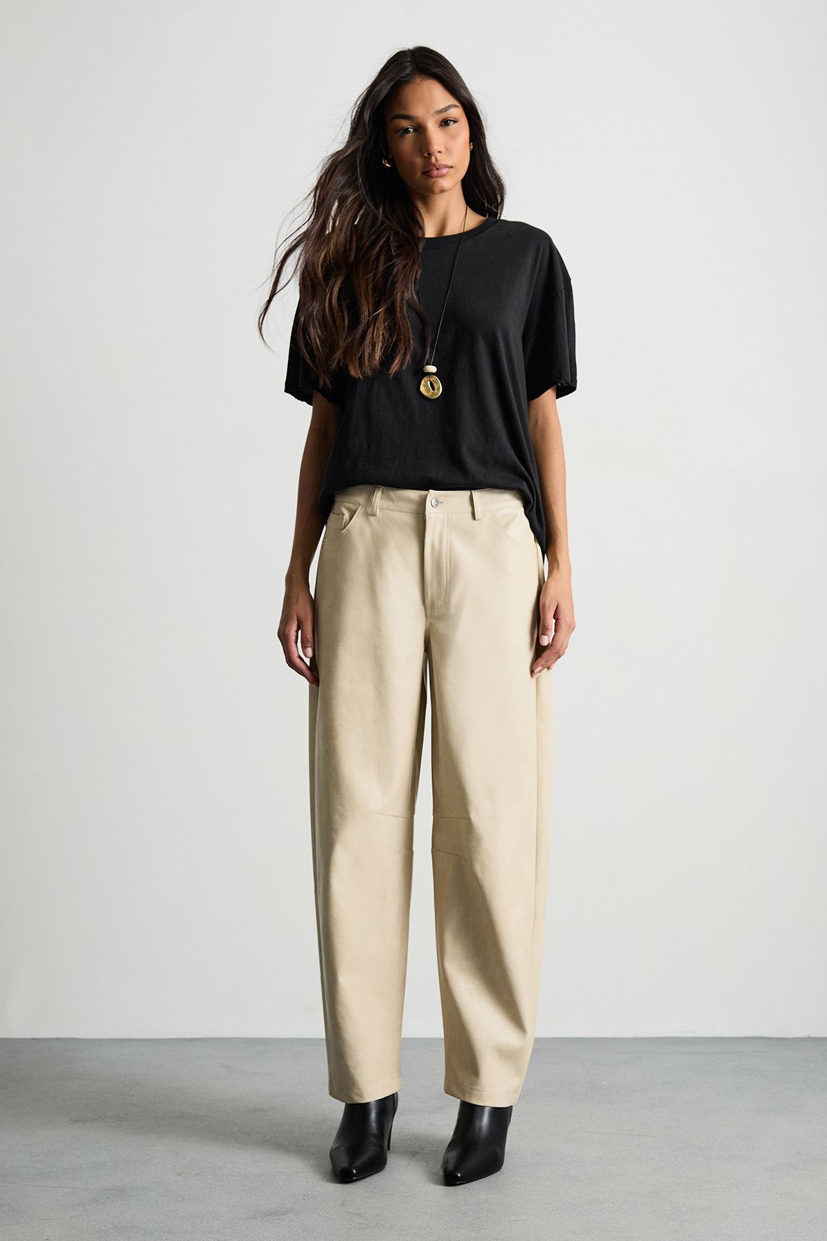 Warehouse Barrel Leg Faux Leather Trouser Cream