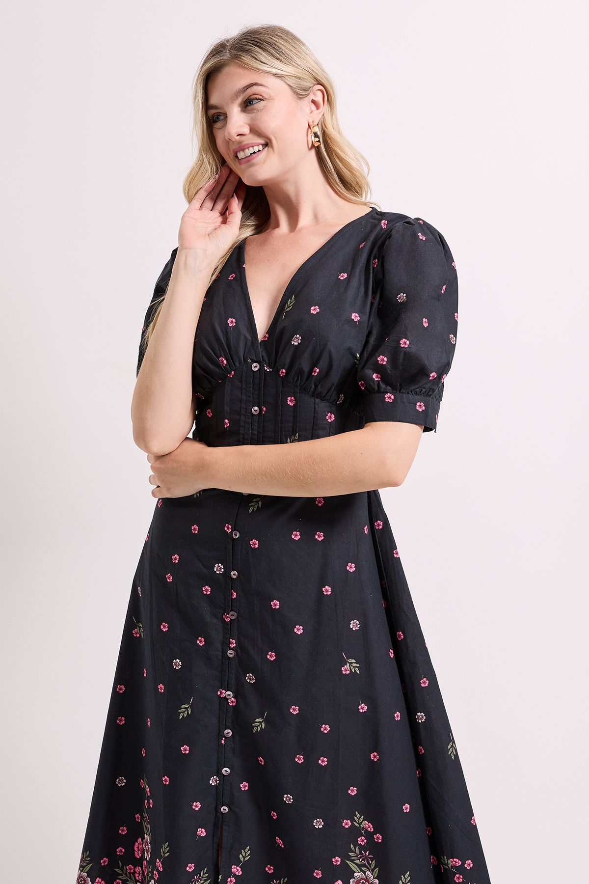 Dorothy Perkins Black Floral Puff Sleeve Button Front Midi Dress Floral image 2