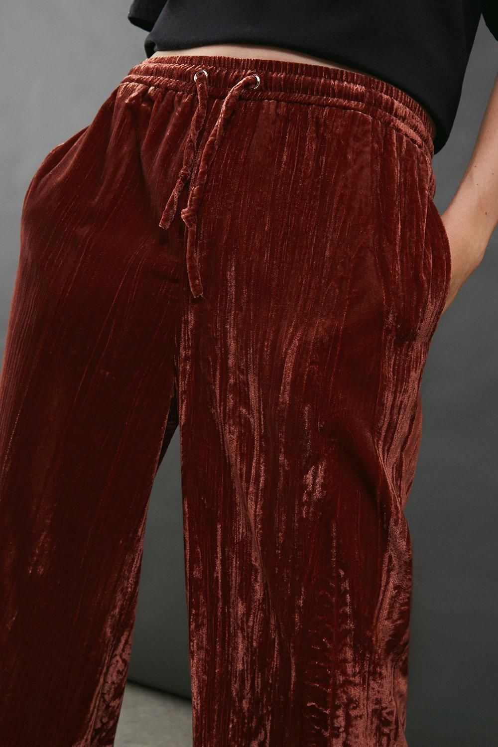 Warehouse Premium Crushed Velvet Drawstring Trouser Rust image 4