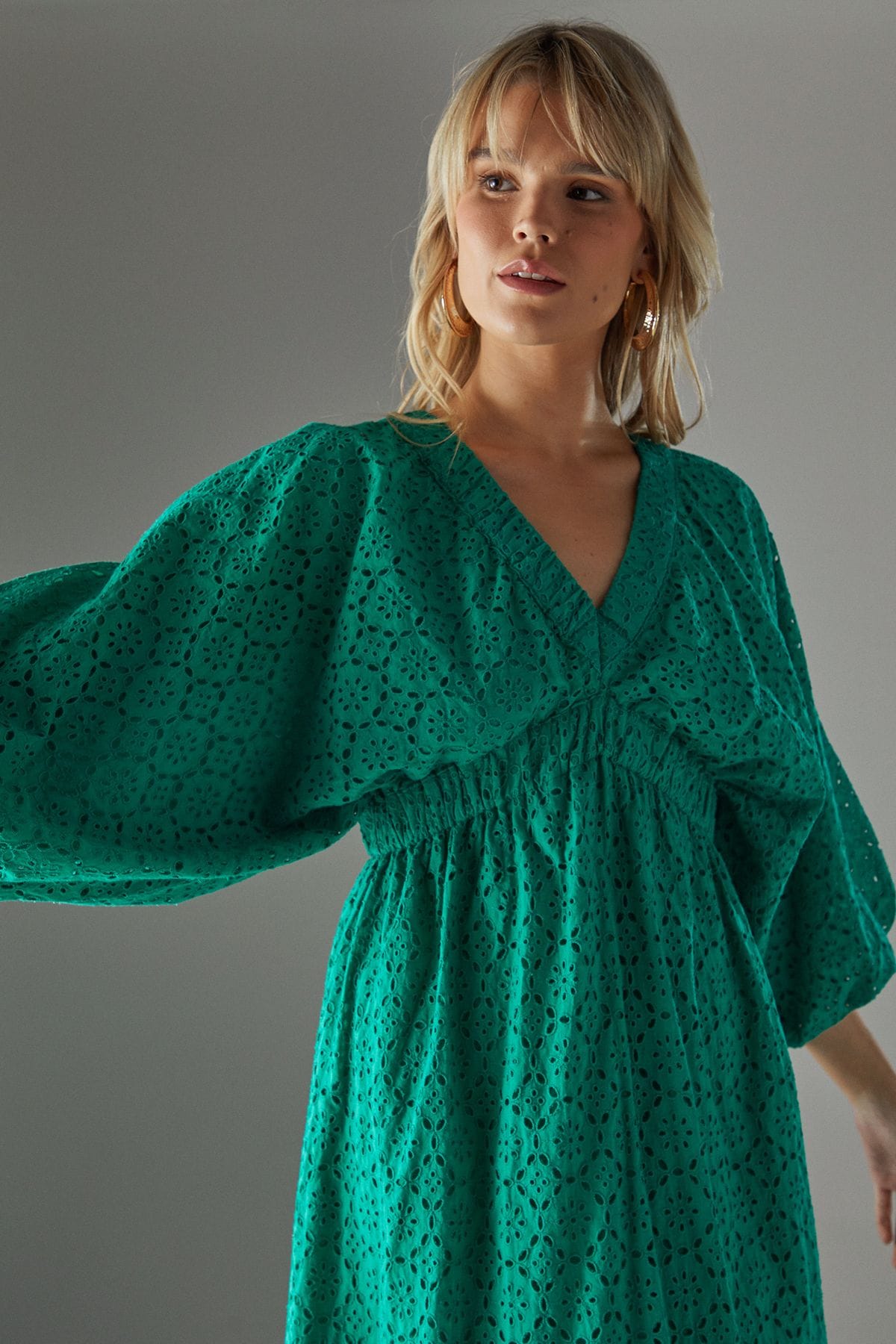 Warehouse Broderie Plunge Neck Volume Sleeve Smock Midi Dress Bright Green image 3