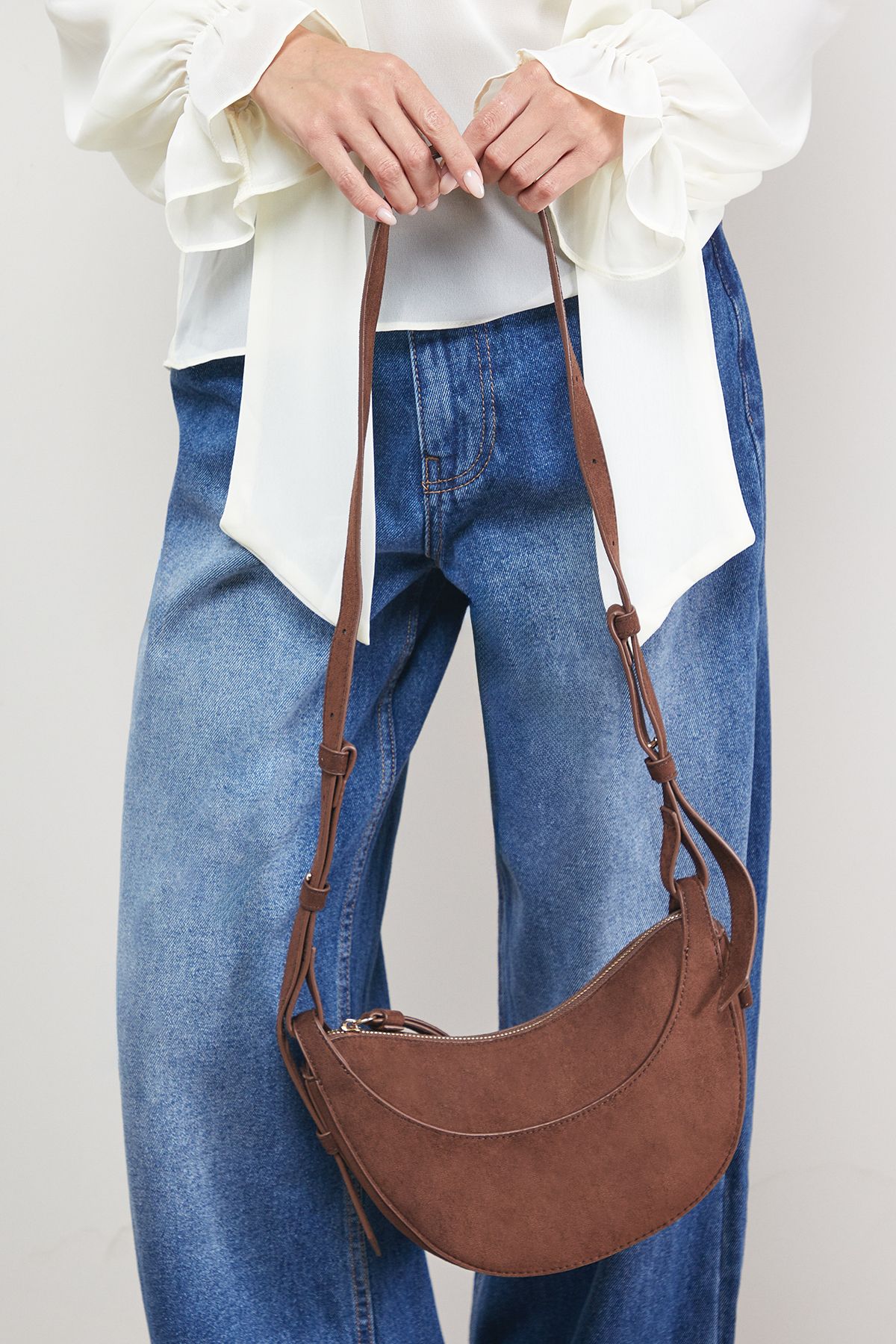 Oasis Relly Faux Suede Half Moon Crossbody Bag Chocolate image 2