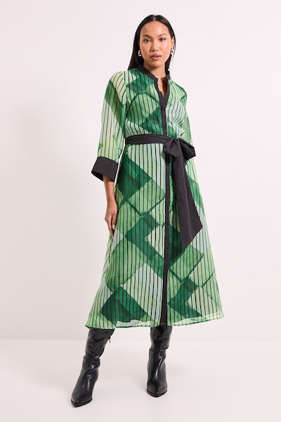 Principles Green Belted Contrast Detail Collarless Shirt Dress Green
