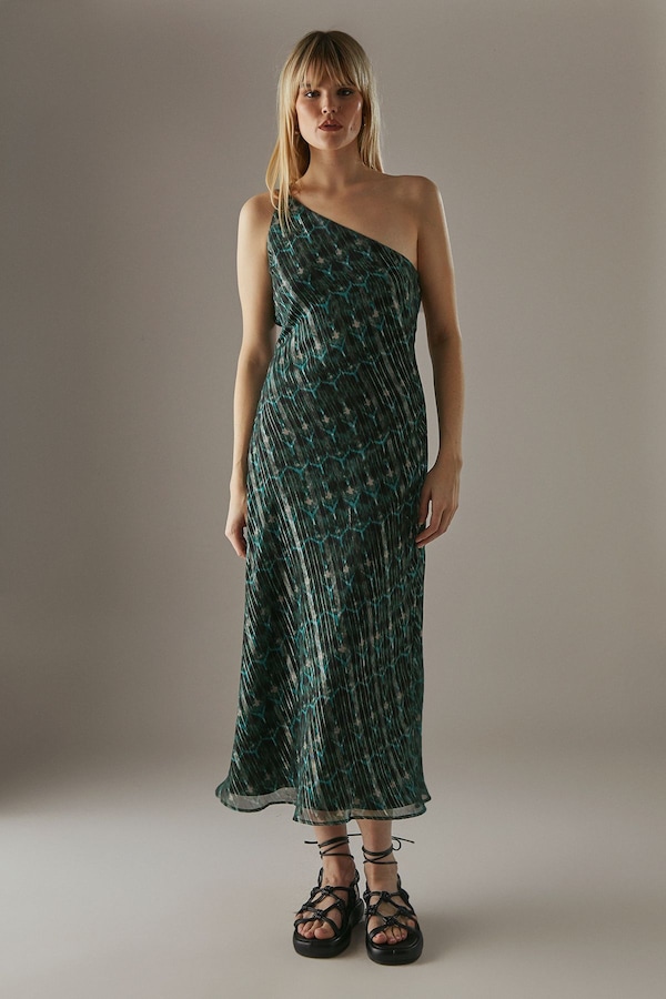 Warehouse Metallic Chiffon One Shoulder Bias Midi Dress Green