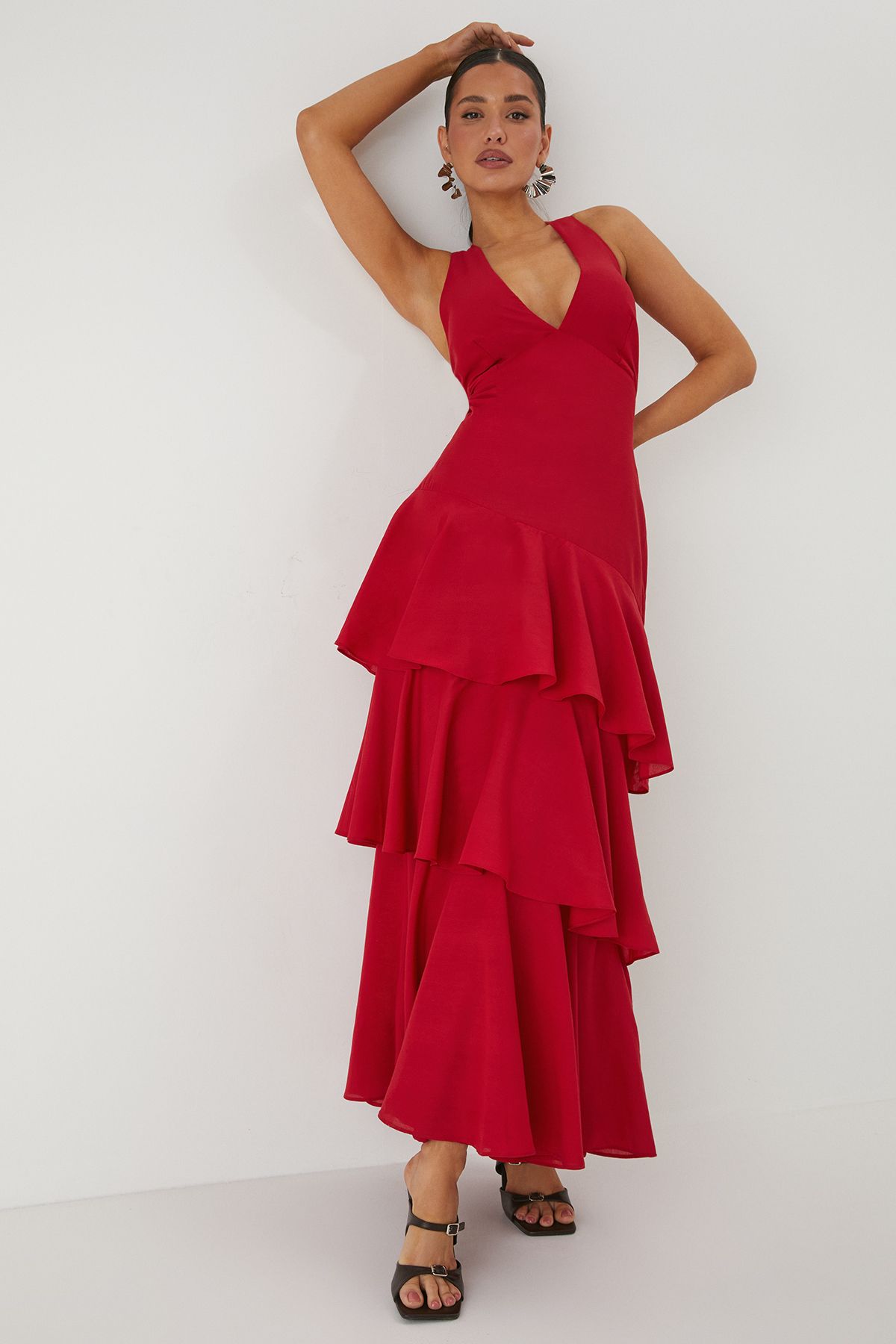 MissPap Tie Back Frill Layered Maxi Dress Red image 1