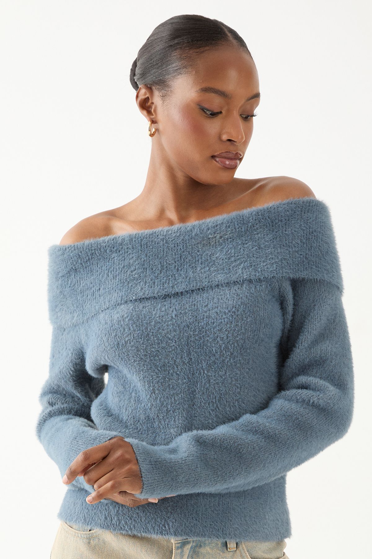 MissPap Eyelash Knit Fold Over Detail Top Slate Blue image 2