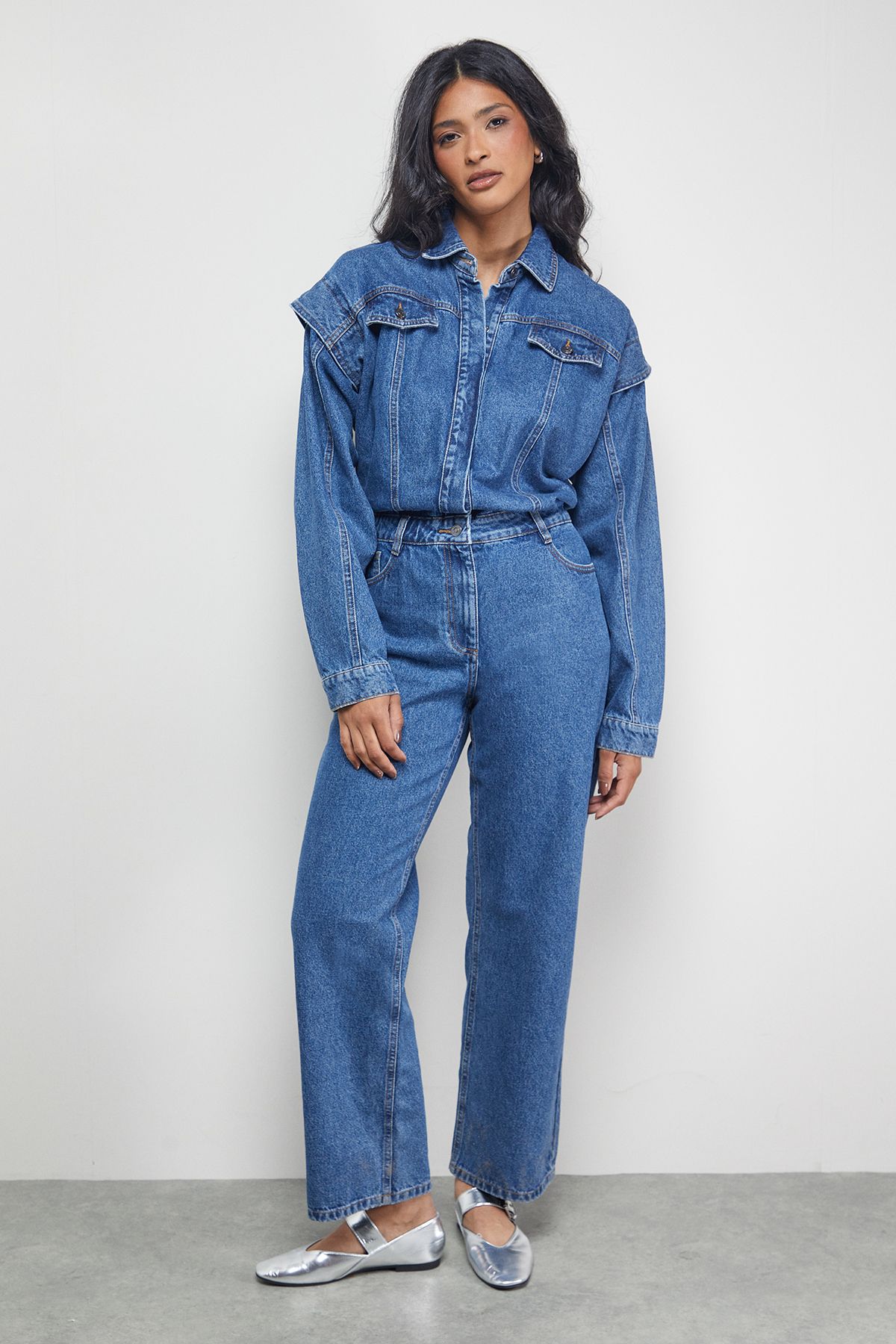 Warehouse Tony Denim Jumpsuit With Stepped Shoulder Detail Mid Blue image 2
