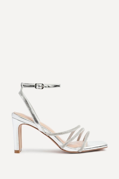 Linzi Glimmer Silver Faux Leather Diamante Block Heel