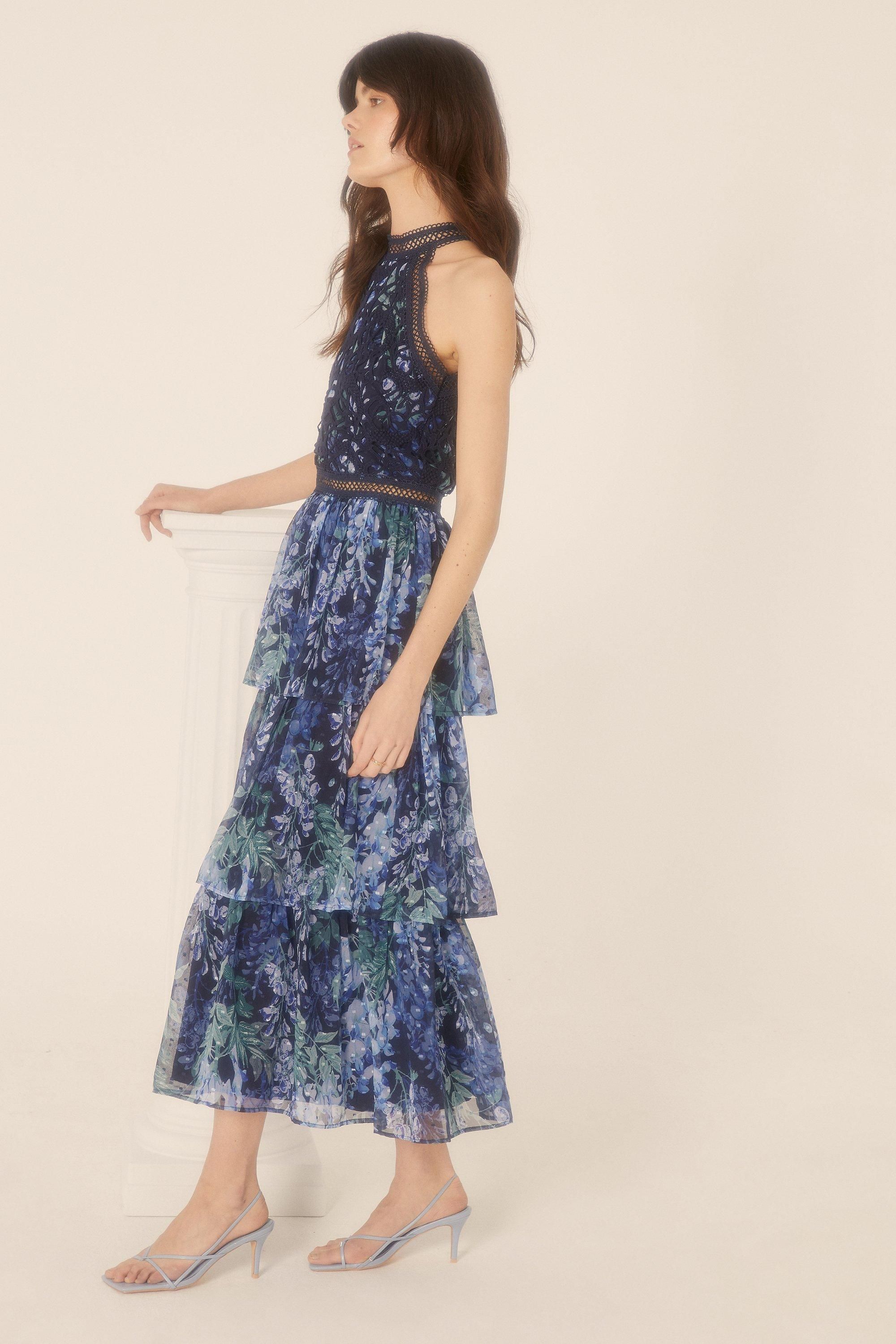 Oasis Petite Lace Halter Floral Tiered Midi Dress Navy image 2