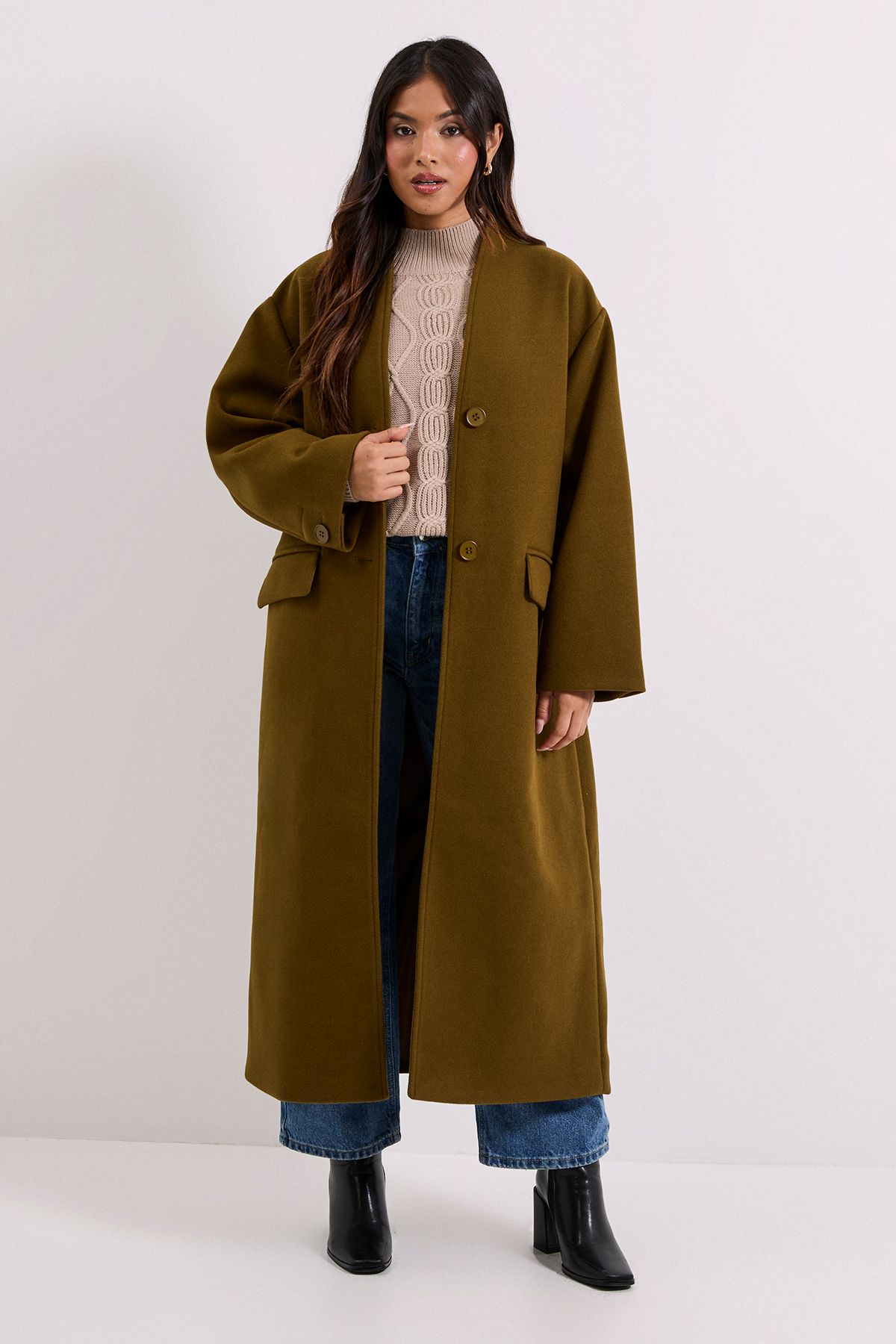 Dorothy Perkins Petite Collarless Single Breasted Faux Wool Coat Olive