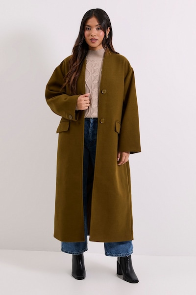 Dorothy Perkins Petite Collarless Single Breasted Faux Wool Coat Olive