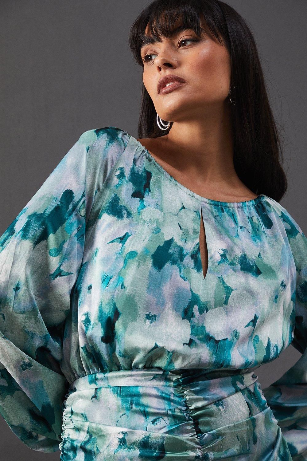 Warehouse Print Satin Ruched Front Midi Dress Green image 4