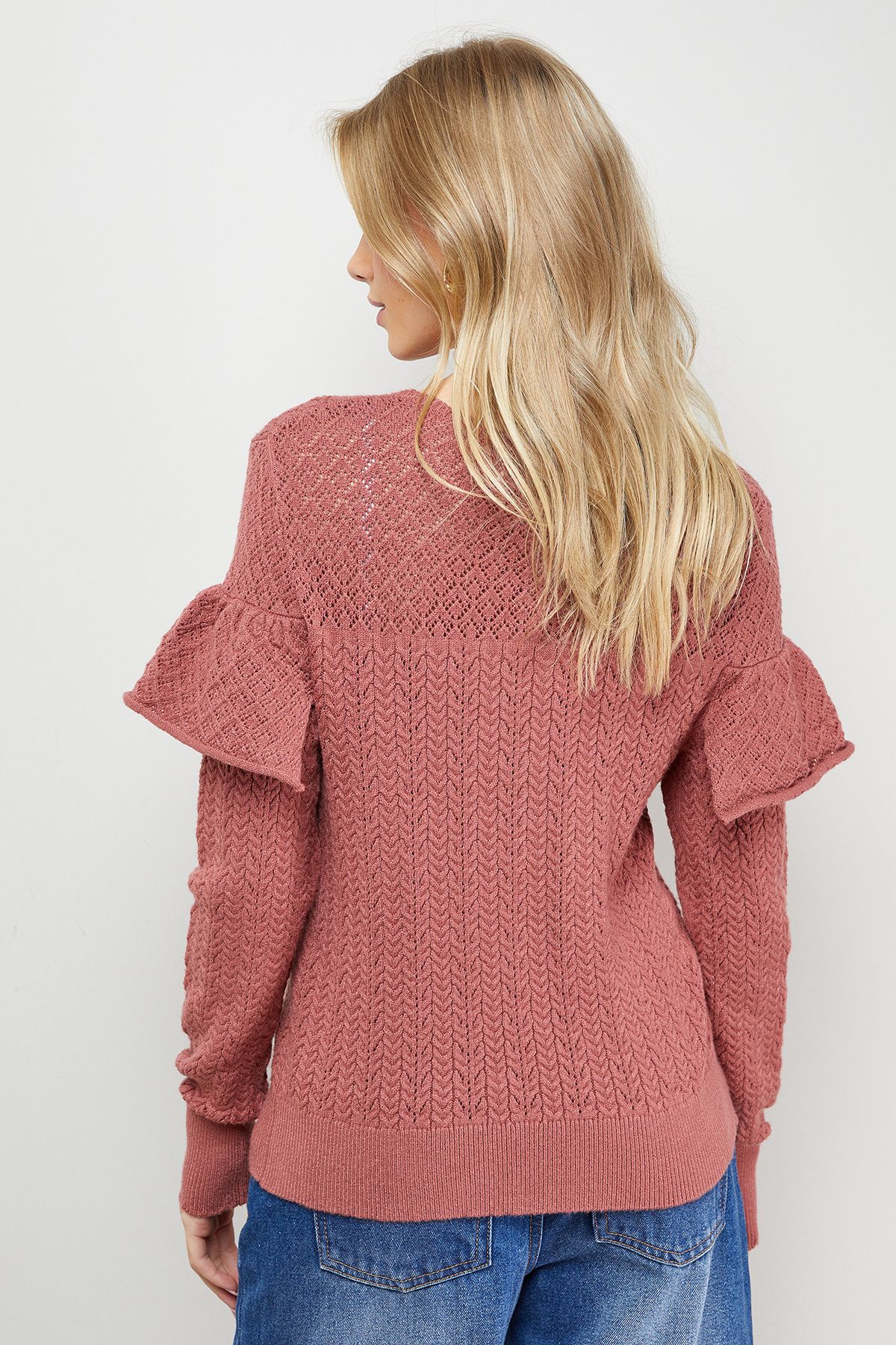Oasis Frill Yoke Detail Pointelle Jumper Desert Rose image 3