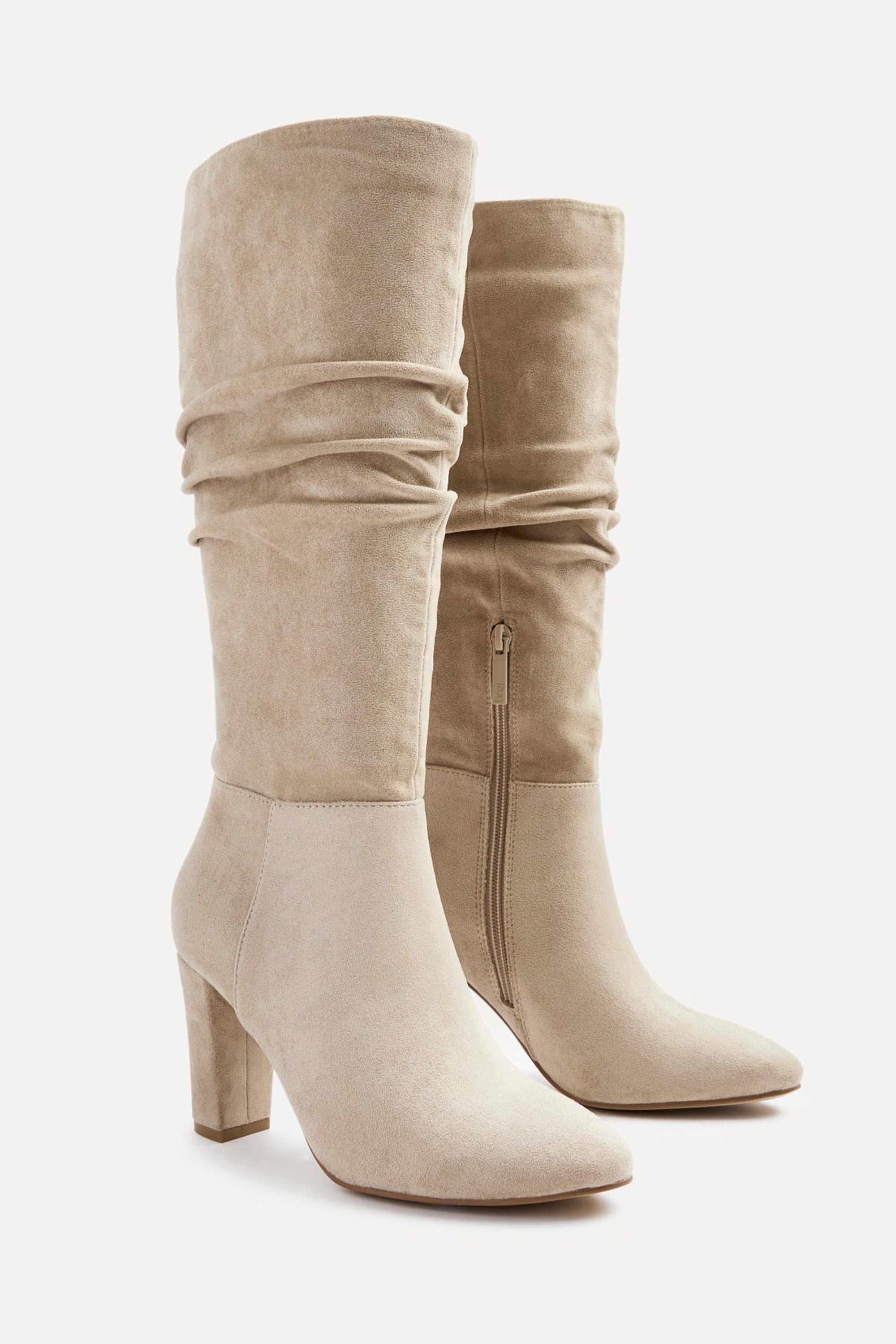 Linzi Aura Beige Faux Suede Ruched Knee High Heeled Boot image 4