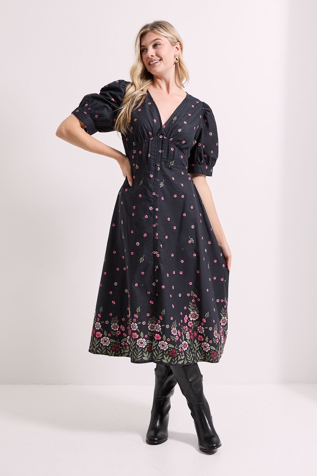 Dorothy Perkins Black Floral Puff Sleeve Button Front Midi Dress Floral image 1