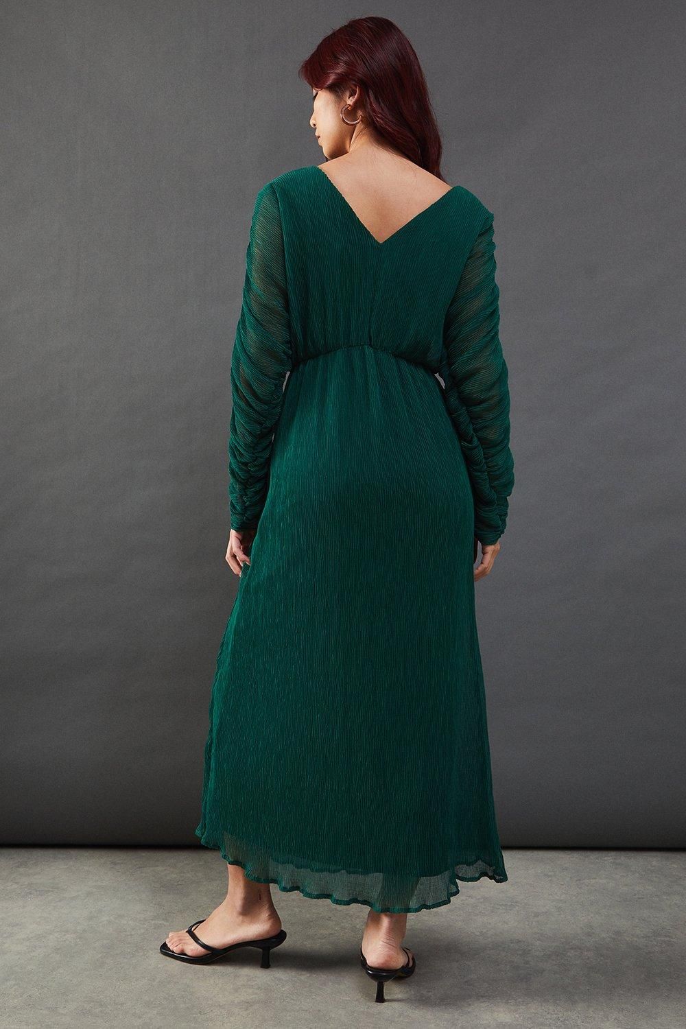Warehouse Micro Pleat Batwing Midi Dress Green image 3