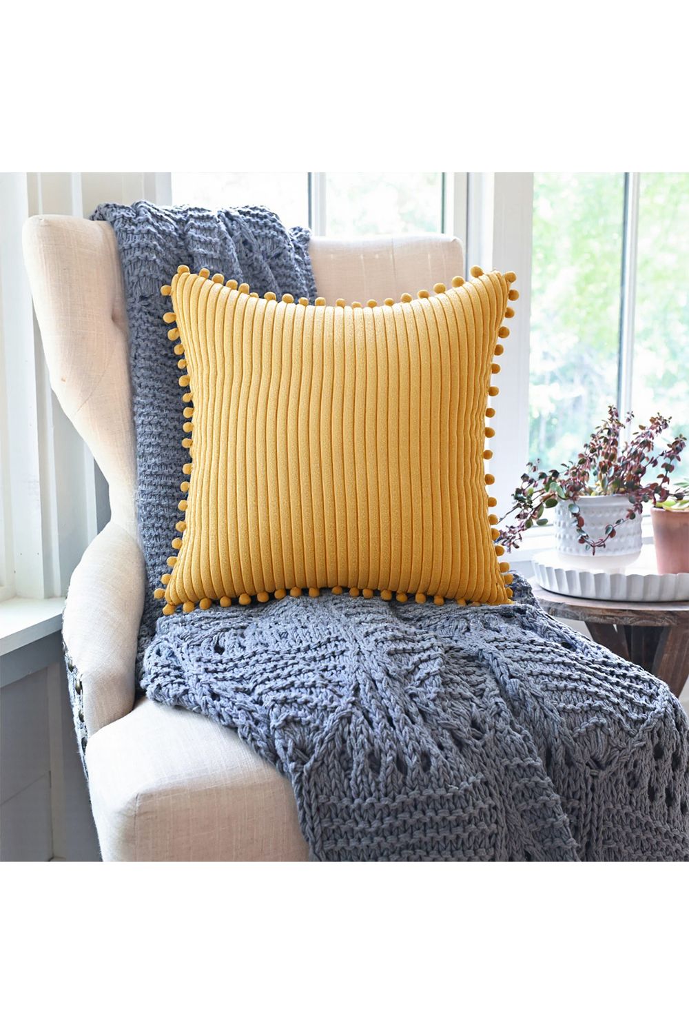 Living and Home Polyester Cushion Cover with Pom-Pom Trim image 2