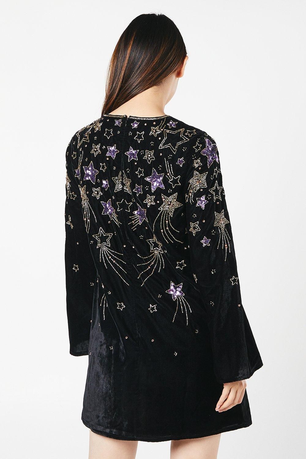 Coast Party Sequin Star Long Sleeve Velvet Mini Swing Dress Black image 3