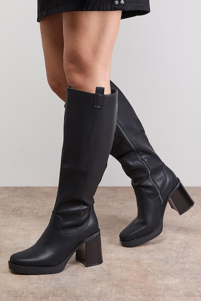 Oasis Marina Faux Leather Round Toe Platform High Block Heel Knee Boot Black