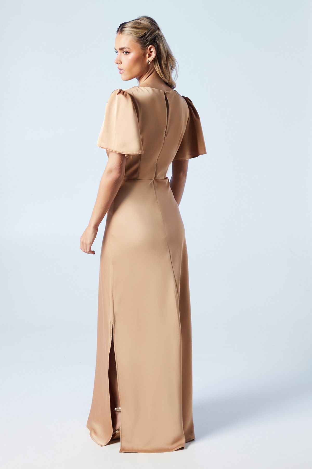 Oasis Petite Twist Front Angel Sleeve Maxi Bridesmaid Dress Biscuit image 3