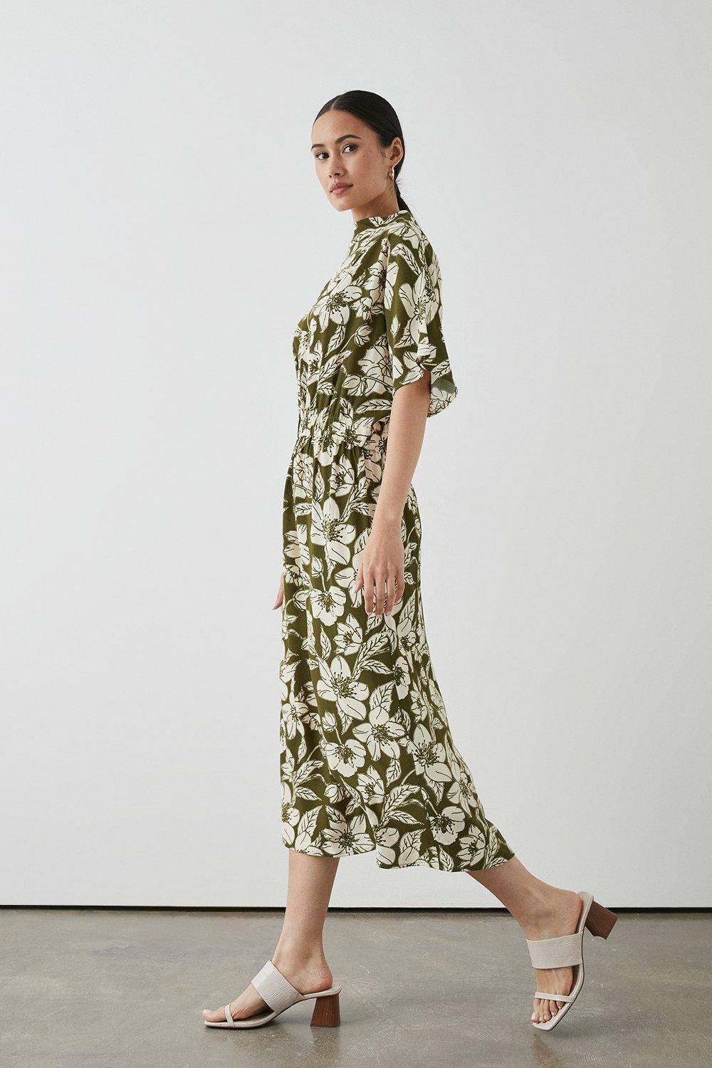 Principles Khaki Floral Midi Dress Green