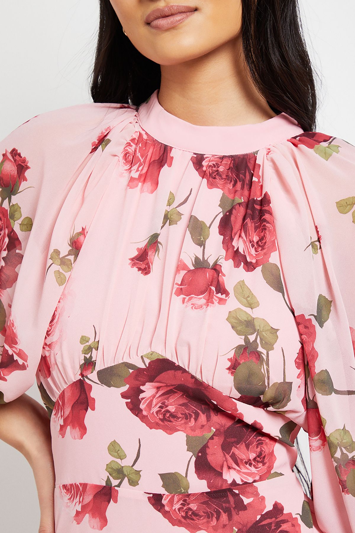 Dorothy Perkins DP Luxe Petite Printed Floral Chiffon Empire Waist Tiered Frill Maxi Dress Pink image 5