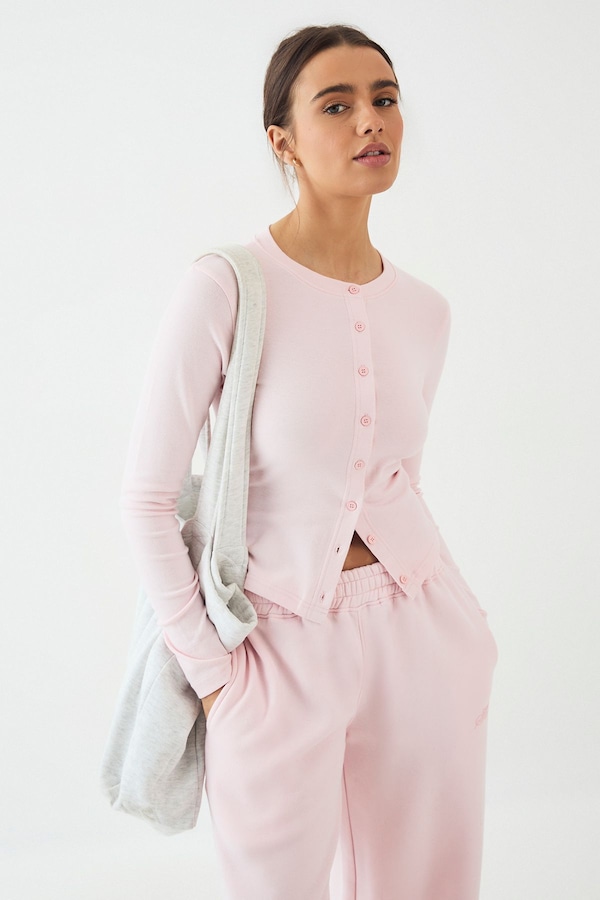 DSGN Studio DSGN Studio Crew Neck Button Through Long Sleeve Top Light Pink