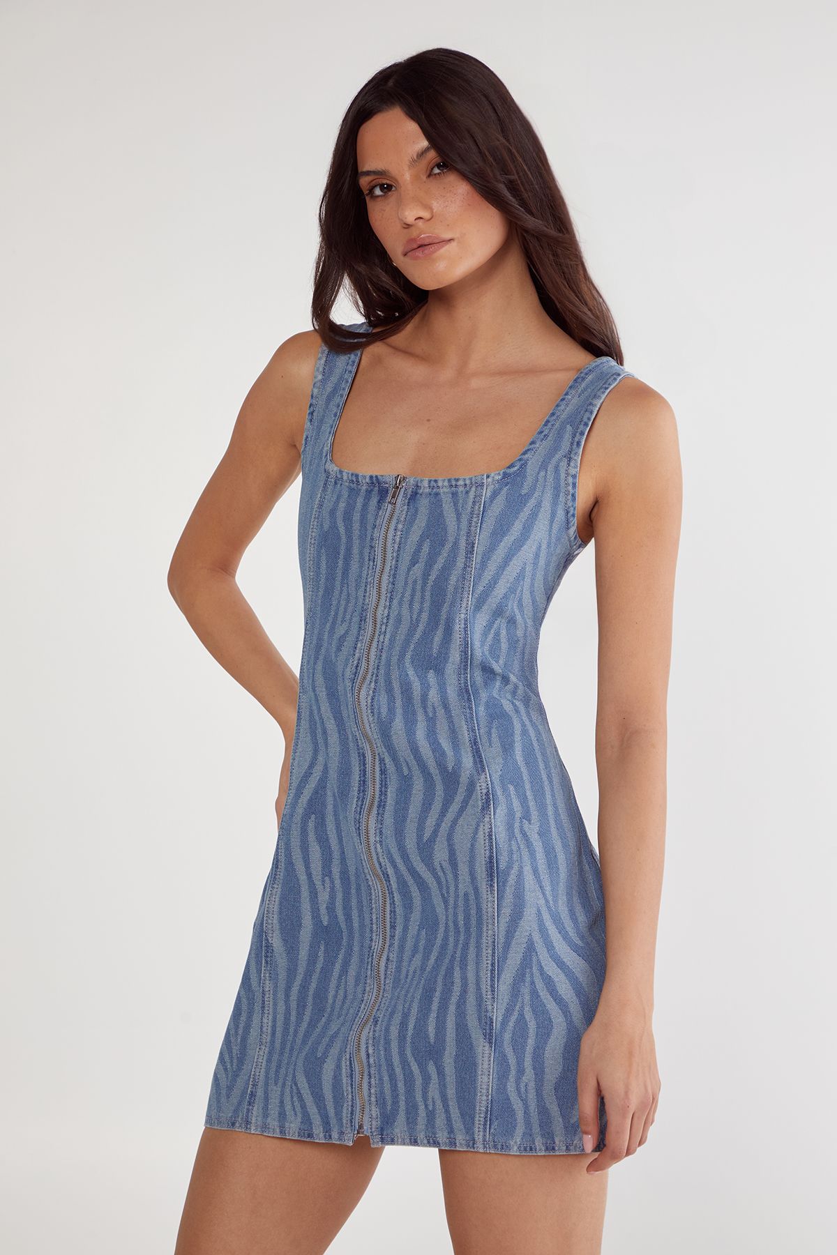 NastyGal Zebra Denim Corset Mini Dress Light Wash