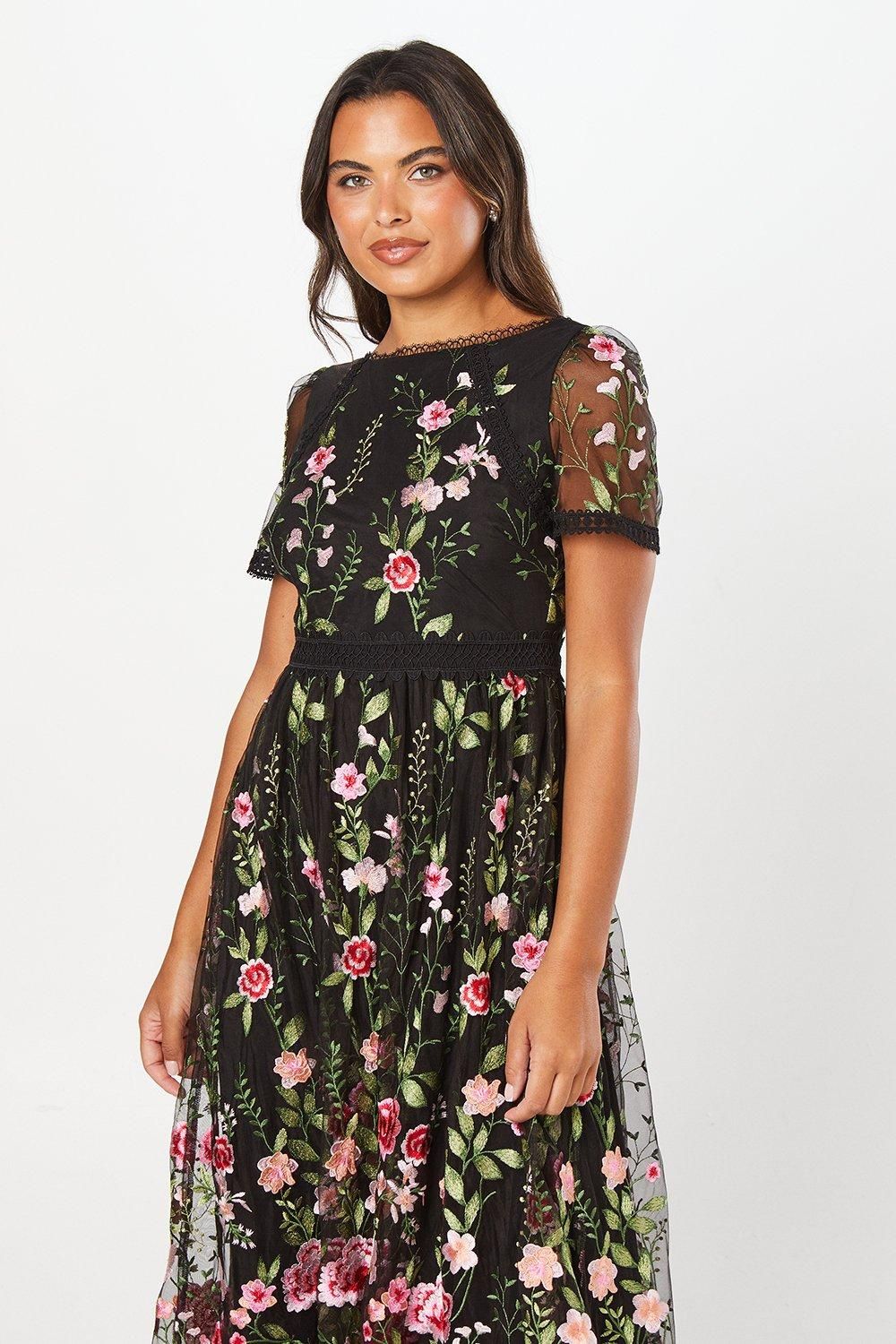 Coast Lace Trim Detail Embroidered Mesh Midi Dress Black image 2