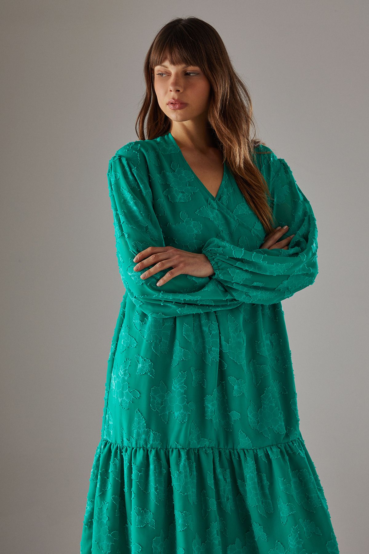 Warehouse Burnout Chiffon Wrap Smock Midi Dress Green image 2