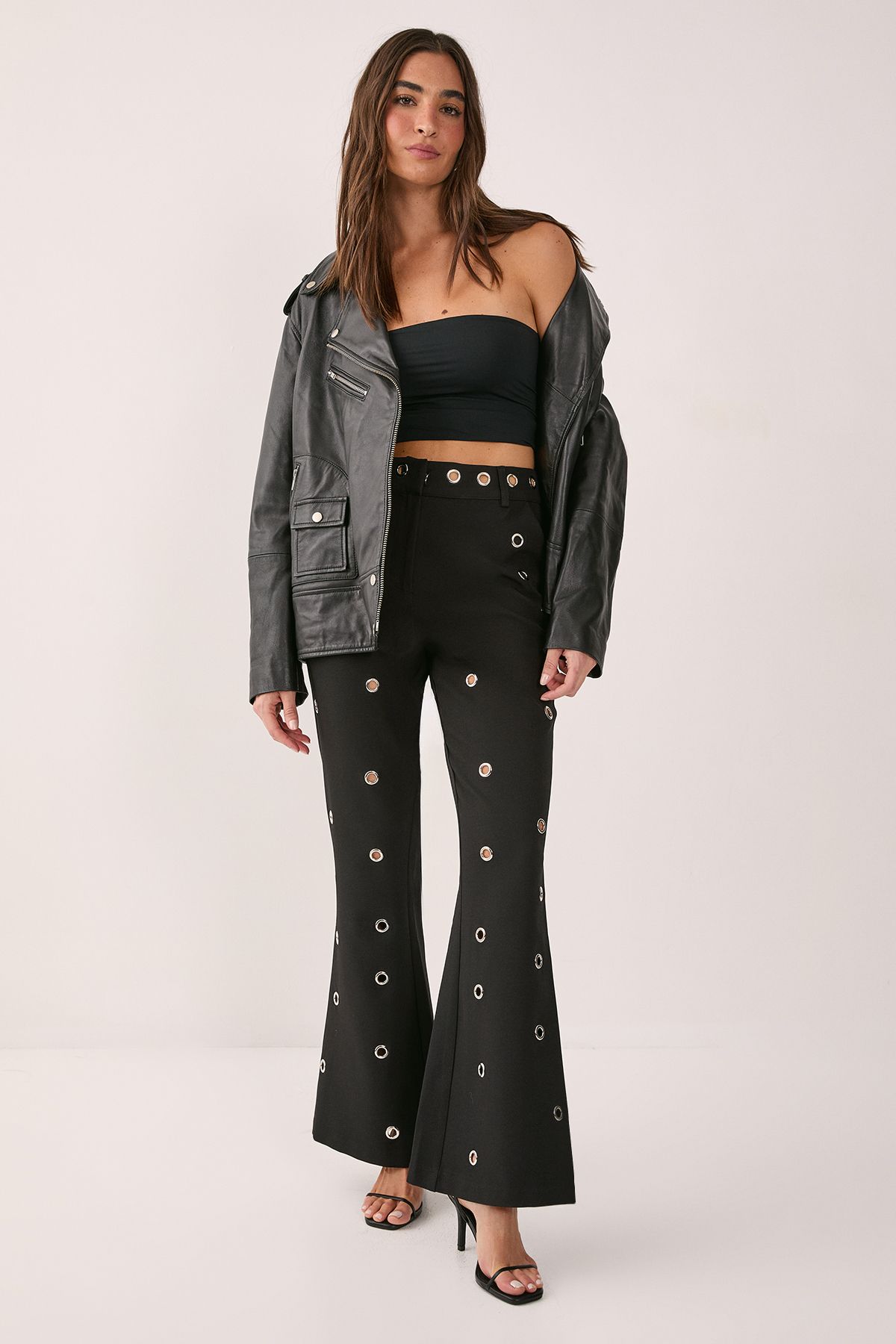NastyGal Eyelet Tailored Flared Pants Co-ord Black