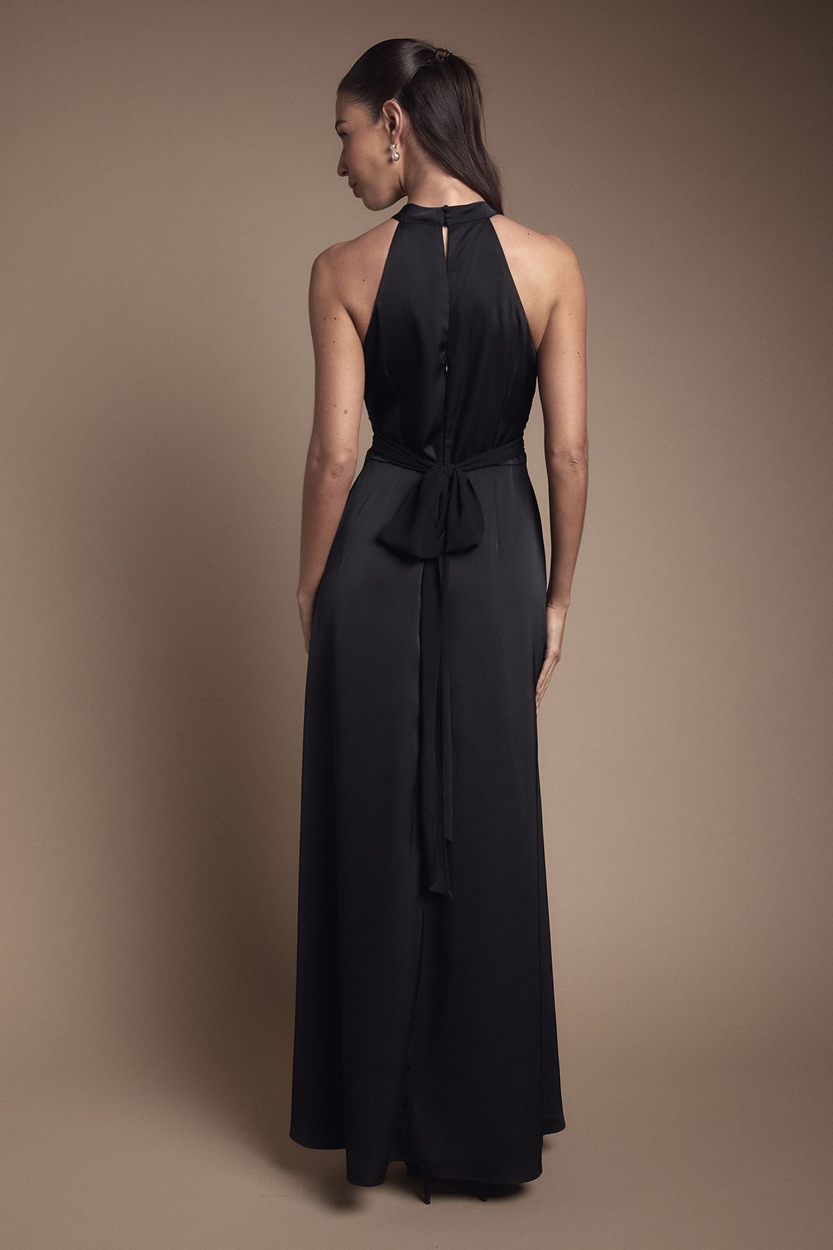 Coast Wrap Waist Detail Satin Halter Neck Bridesmaid Dress Black image 3