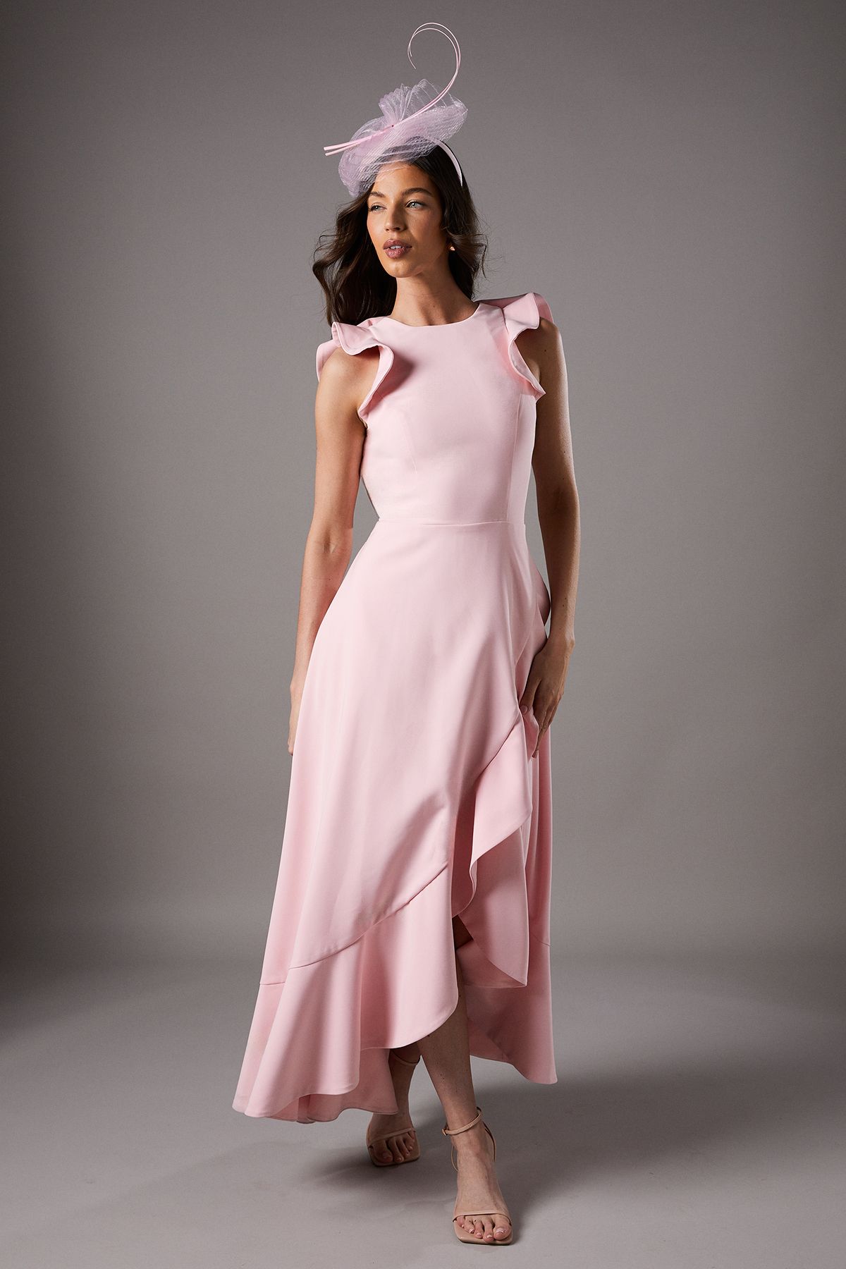 Coast Lisa Tan Ruffle Round Neck Crepe Midi Dress Blush image 1