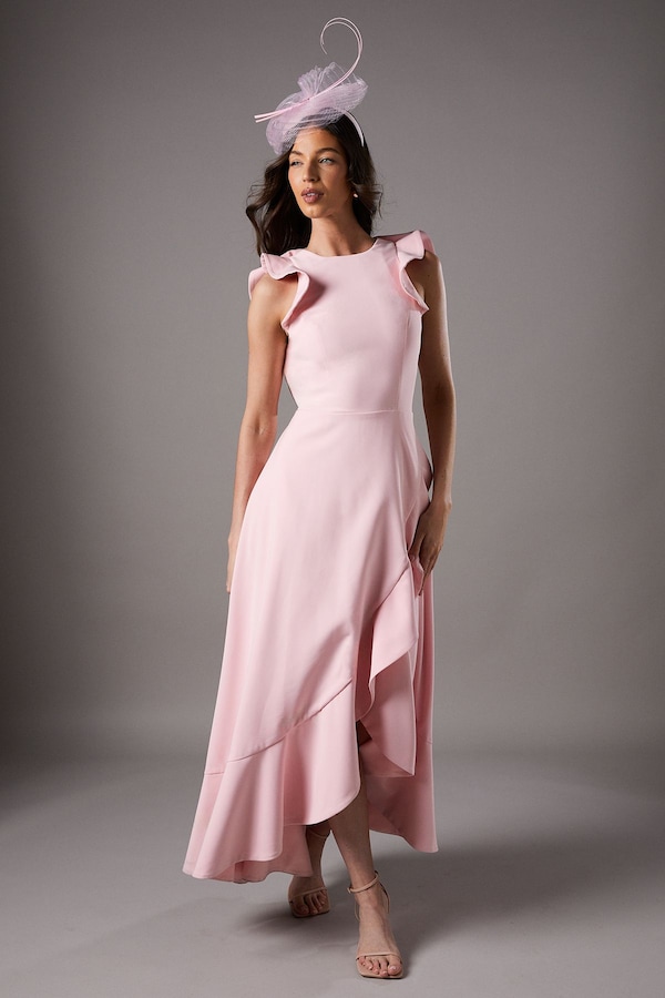 Coast Lisa Tan Ruffle Round Neck Crepe Midi Dress Blush