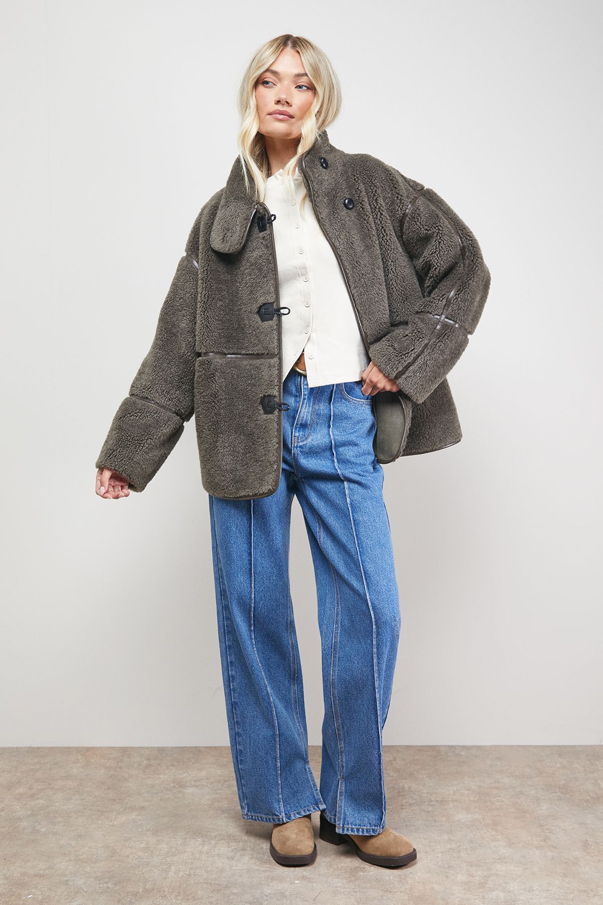 Oasis Funnel Neck Shearling Coat Grey image 6