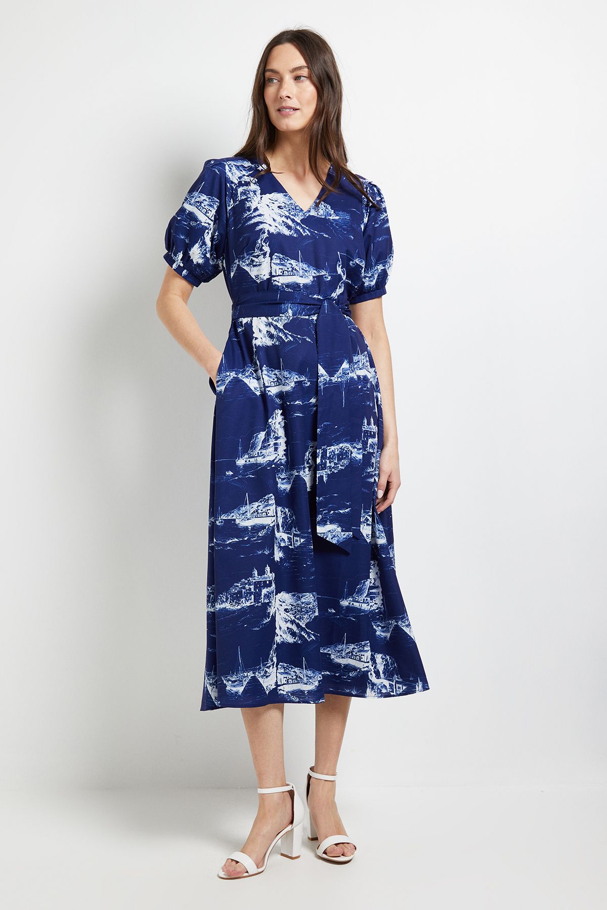 Principles Printed Puff Sleeve Midi Dress Blue