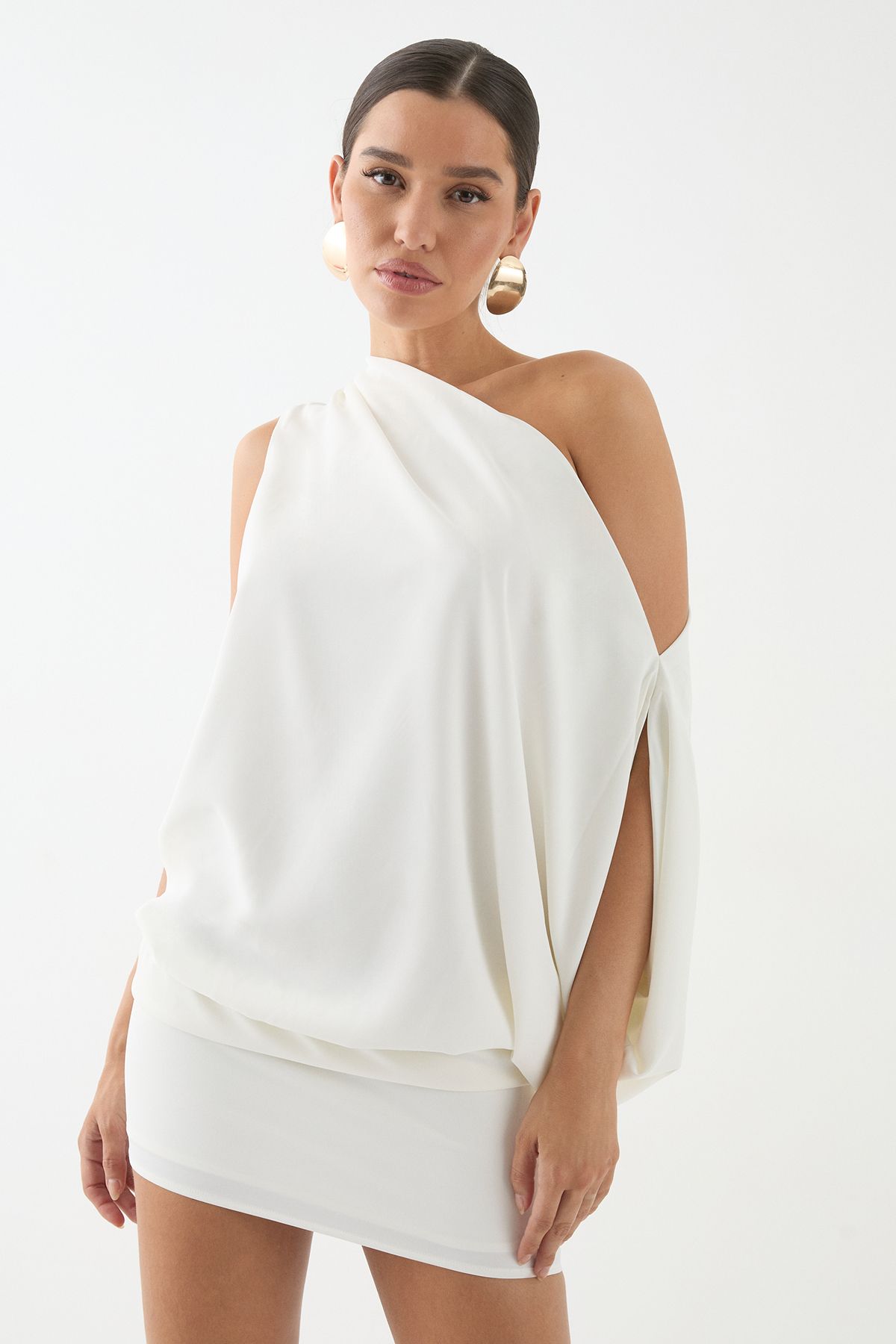 MissPap Satin Off Shoulder Asymmetric Bodycon Mini Dress Ivory