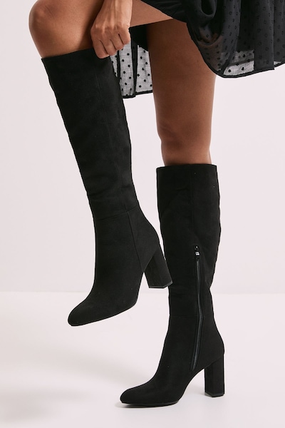 Dorothy Perkins Liliana Almond Toe High Block Heel Knee Boots Natural Black