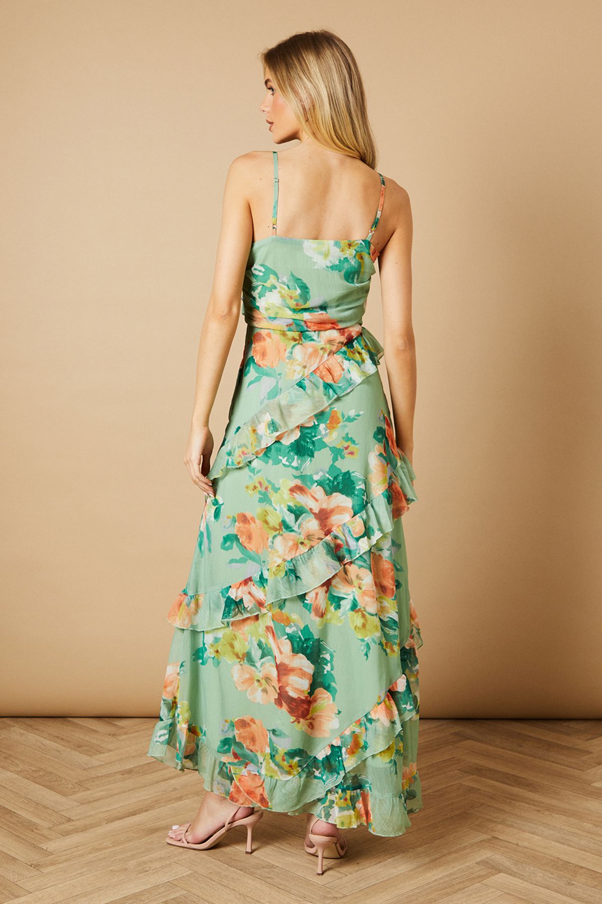 Oasis Floral Waist Detail Ruffle Midi Dress Green image 3