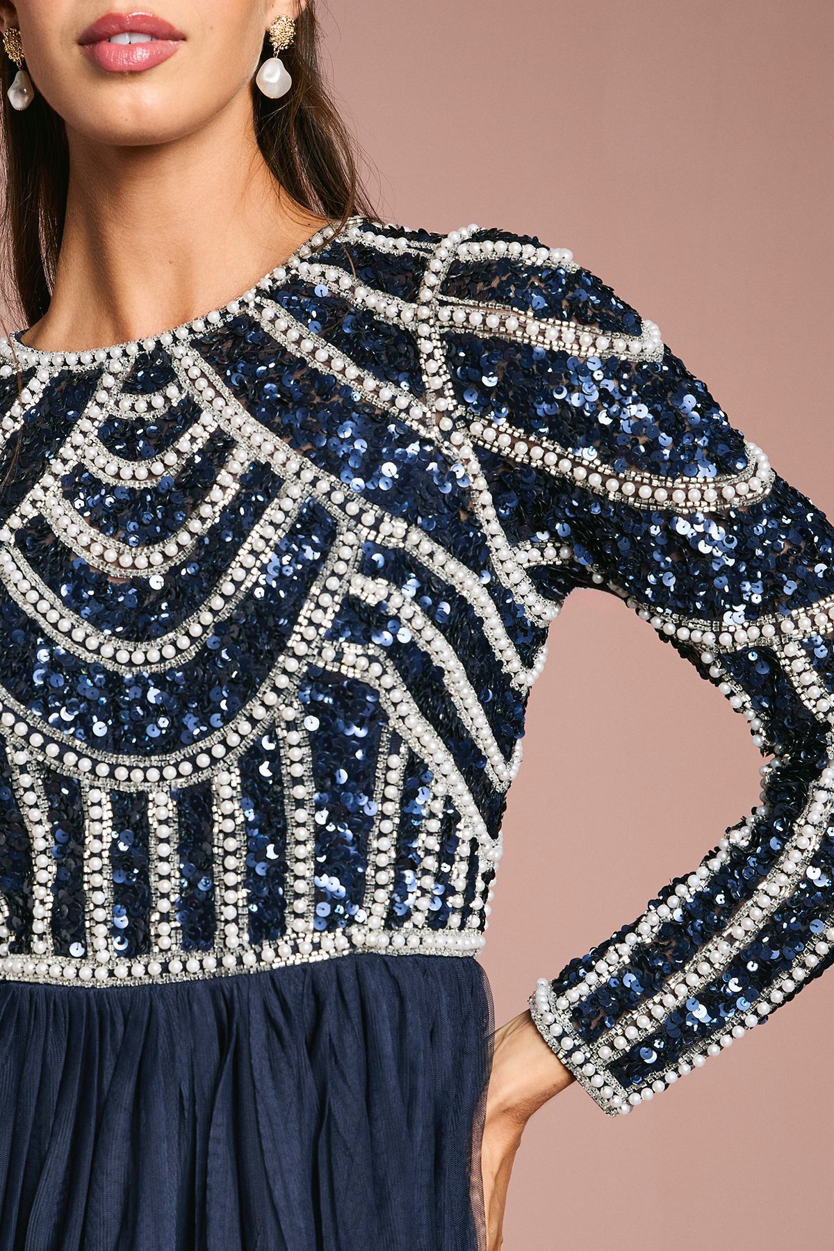 Coast Coast Honoured Long Sleeve Sequin Bodice Tulle Skirt Maxi Bridesmaid Dress Navy image 5