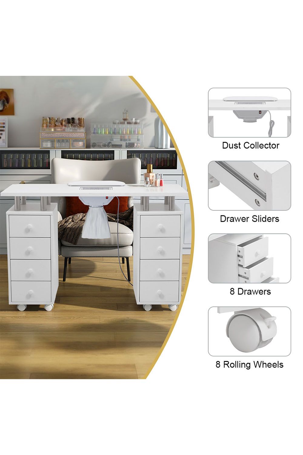 Living and Home Professional Fashion Makeup Desk Dresser Manicure Table Nail Desk with Rolling Wheels For Spa Beauty Salon & Home image 4