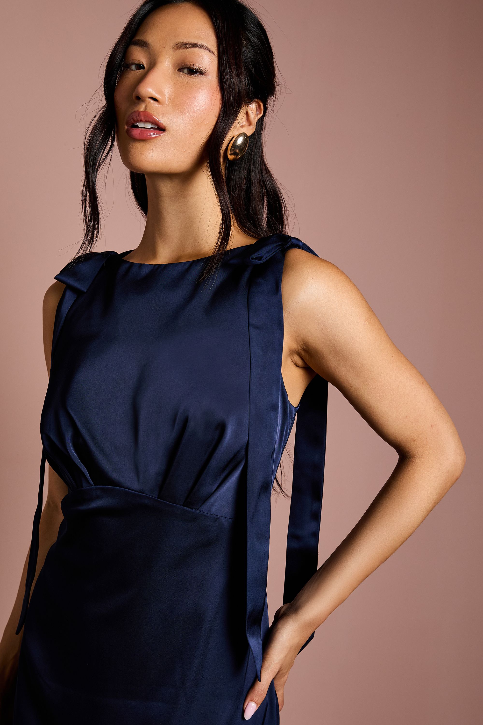Coast Coast Honoured Sleeveless High Neck Tie Shoulder Satin Maxi Bridesmaid Dress Navy image 2