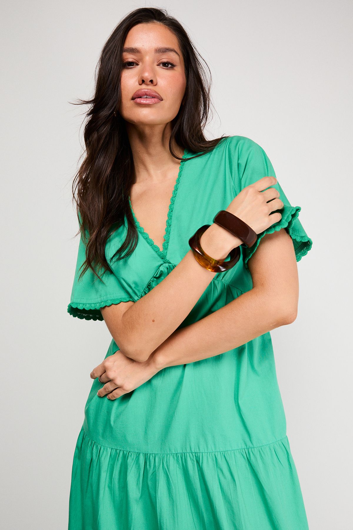 Warehouse Petite Poplin Whipstitch Trim Midi Smock Dress Green image 4