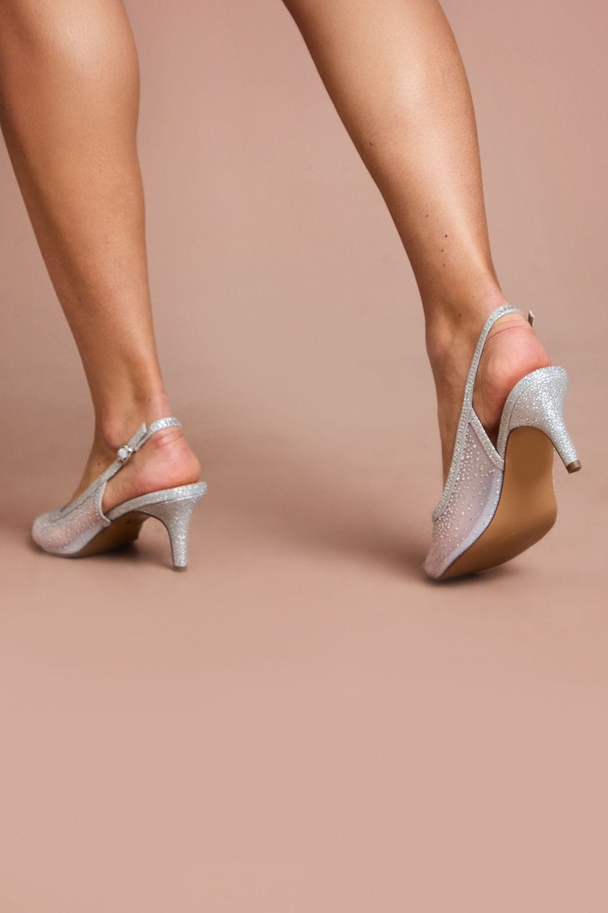 Coast Sara Mesh Diamante Kitten Heel Slingback Court Shoes Silver image 3