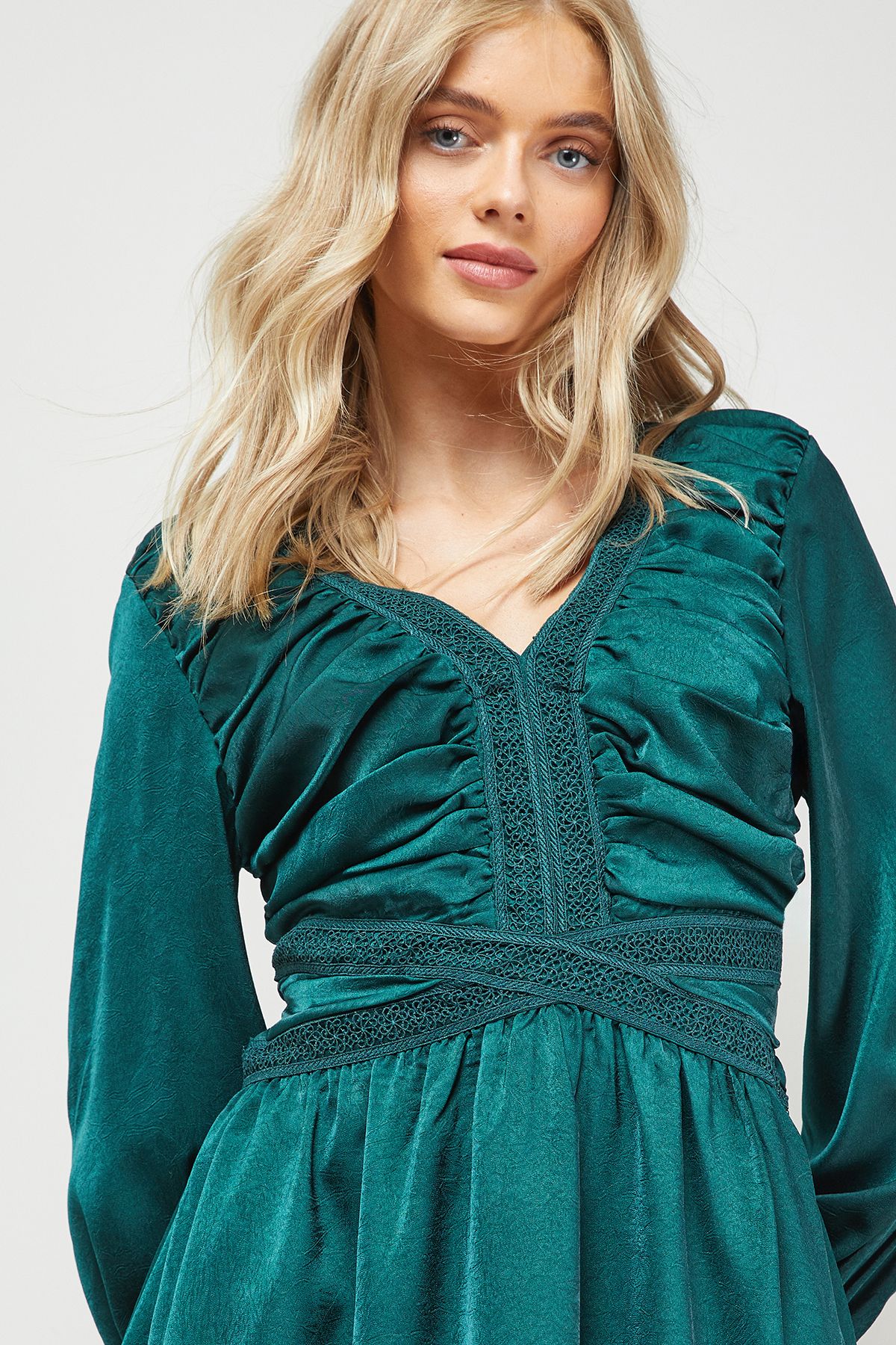 Oasis Lace Trim Gathered V Neck Mini Dress Forest image 2