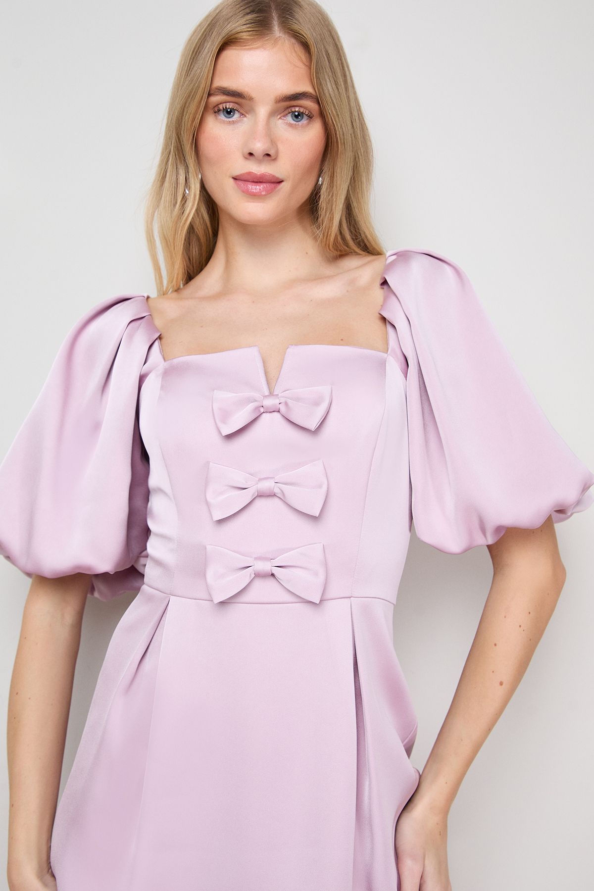 Oasis Satin Bow Front Square Neck Mini Dress Pink image 3