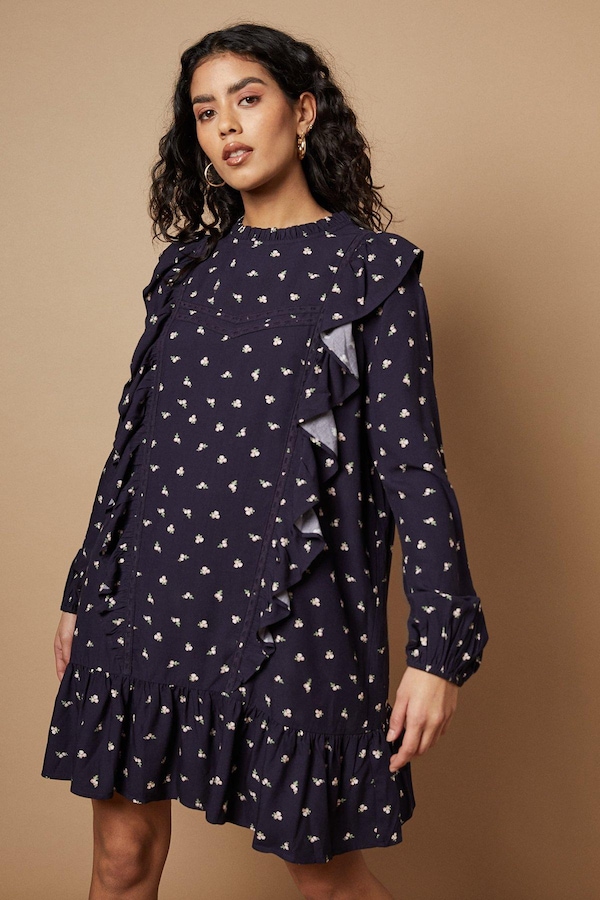 Oasis Petite Ditsy Printed Ruffle Lace Trim Mini Dress Navy