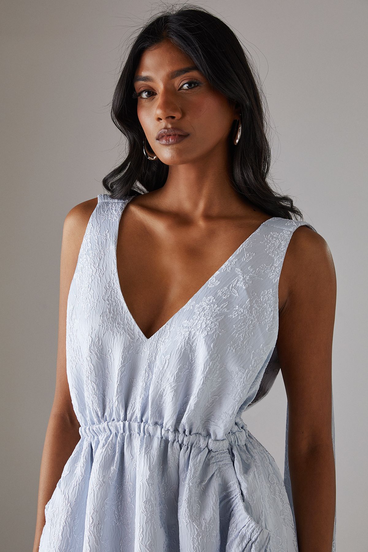 Warehouse Jacquard Plunge Tie Pocket Midi Dress Pale Blue image 2