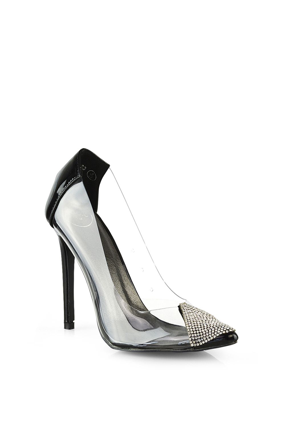 XY London 'Kaz' Pointed Toe Perspex Stiletto Court Heel Shoes With Diamante Detail image 2