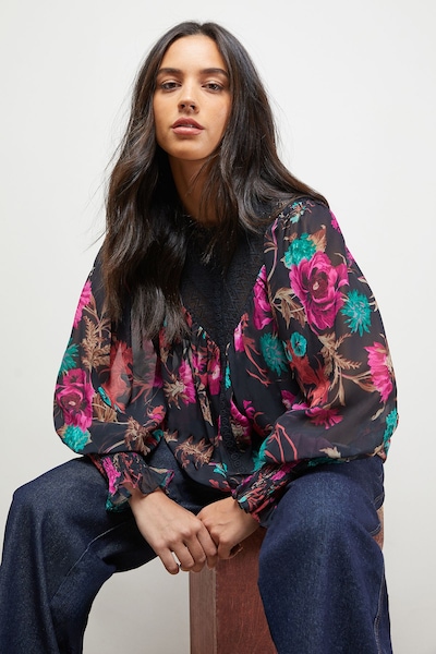 Oasis Printed Lace Yoke Balloon Sleeve Boho Blouse Black